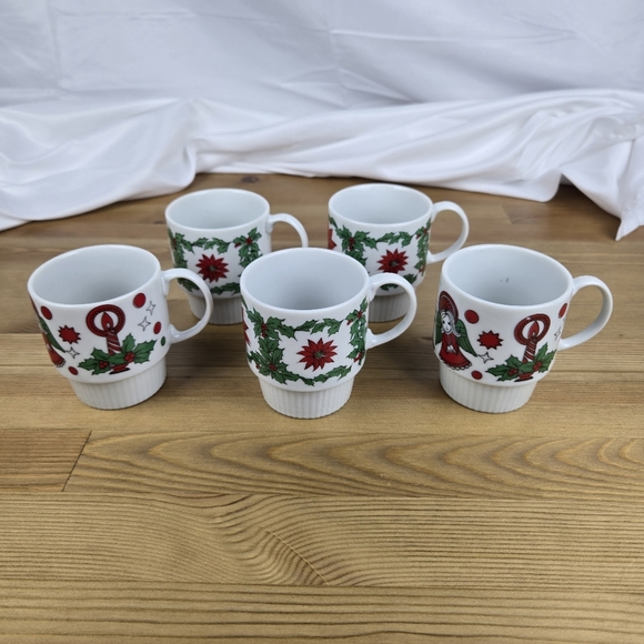 Vintage 1970s Trimont Ware Japan Stacking Mugs Cups Christmas Holiday Set of 5 - Picture 10 of 11